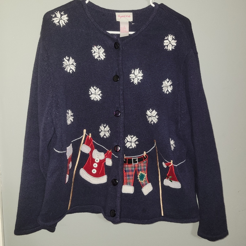 Vintage Crystal Kobe Christmas Sweater Button Front Size Large Embroidered Snow